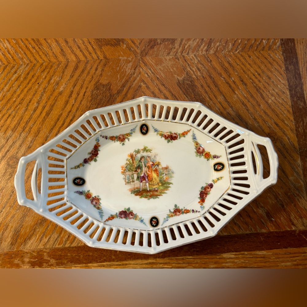 RARE 1933 German White Porcelain Platter with Lattice Cut Outs & Gold Trim